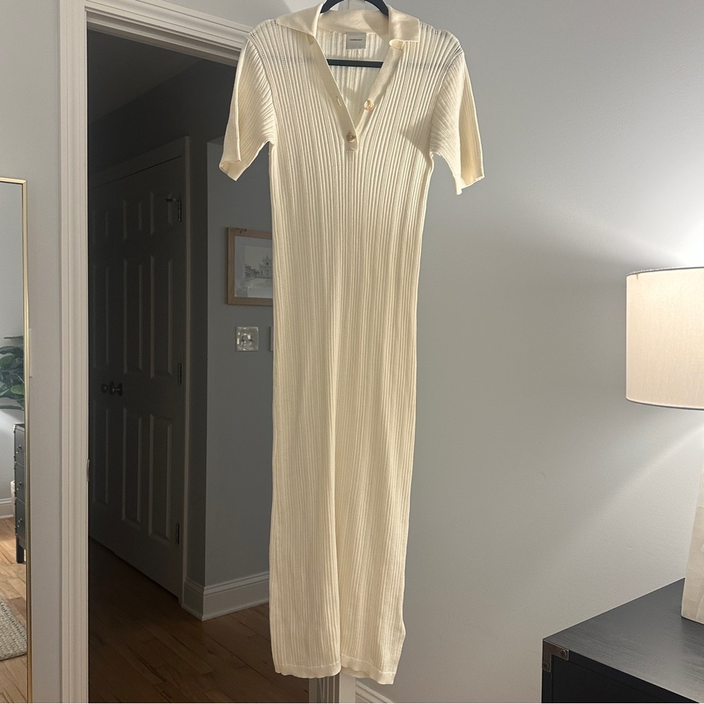 Varley Cream Ribbed Midi Dress with Polo Collar
